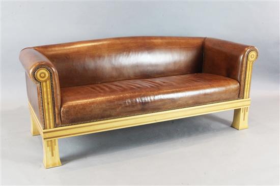 A David Linley tan leather settee, W.6ft D.2ft 6in. H.2ft 4in.